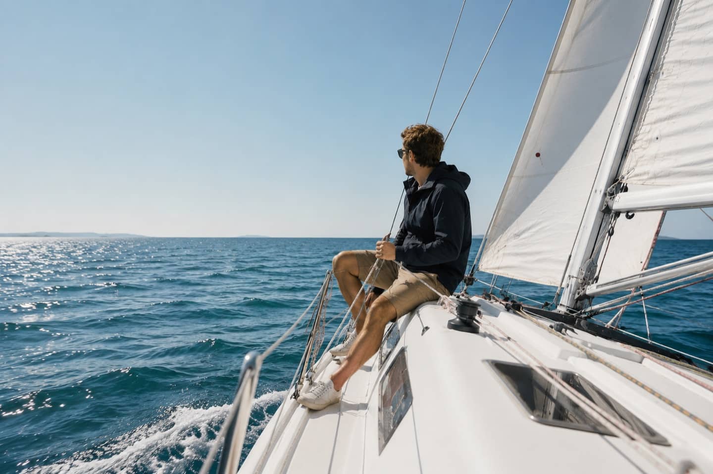 Segler an Deck einer Segelyacht auf See